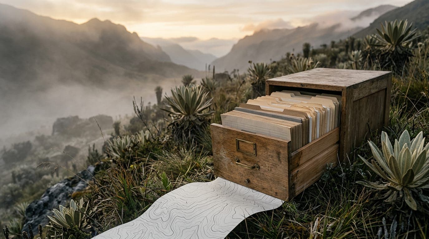 Bodegón: un cajón de archivo de madera abierto entre frailejones al amanecer, con una hoja de curvas de nivel desplegada hacia el valle.