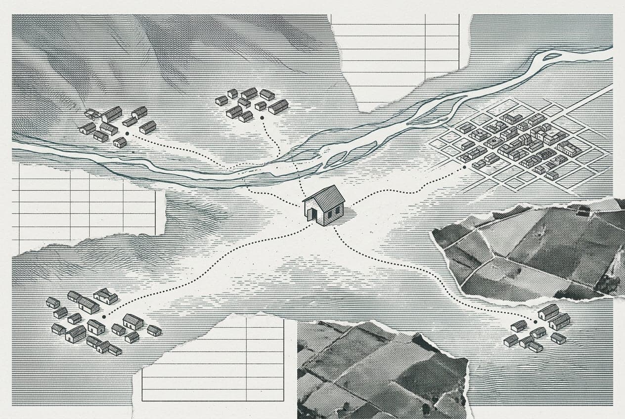 Grabado de un valle andino con un río y varios pueblos unidos por senderos a una escuela rural, entre recortes de formularios en blanco y fotos aéreas de parcelas.