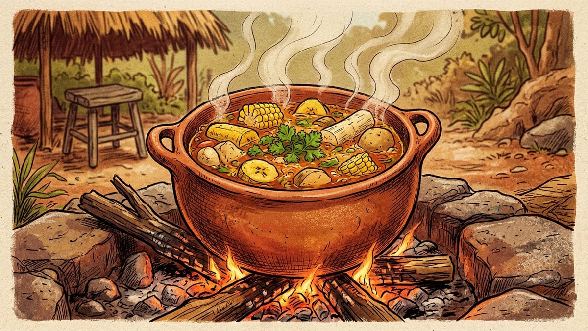 Ilustración de un sancocho colombiano en olla de barro sobre fogón de leña
